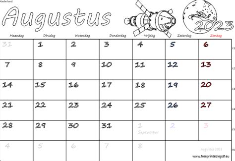 Kalender Augustus 2023 Nederland Gratis Printbare Pdf