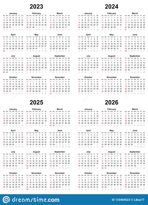 Annual Plain Calendar Sunday First Day 2023 2024 2025 2026 Stock Vector