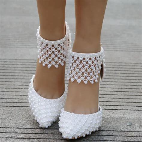 large size white pearl lace mesh wedding shoes stiletto pointed banquet wedding shoes sexy sweet