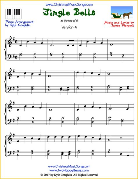 From a youtube video, click the bookmark to find it's sheet music. Jingle Bells full version intermediate piano sheet music. Free printable PDF at www ...
