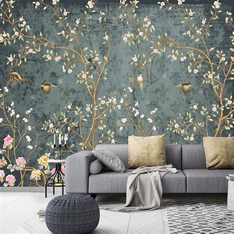Vintage Wallpaper Birds Chinoiserie Wall Mural Peel And Stick Etsy