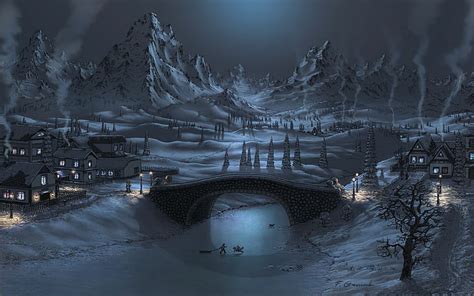 Artwork Bridges Fel X Mountains Night Snow Winter Hd Wallpaper