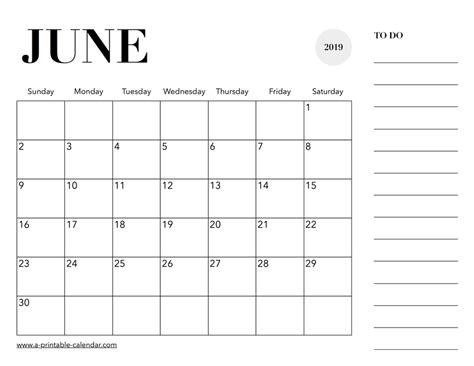 2019 Calendar June A Printable Calendar
