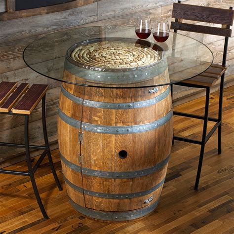 Reclaimed Rustic Wine Barrel Pub Table With Round Clear Glass Top