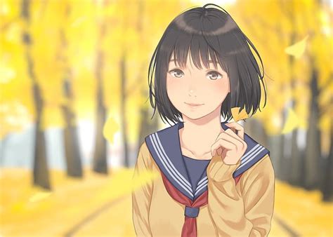Hd Wallpaper Anime Anime Girls Short Hair Fall Black Hair Smiling