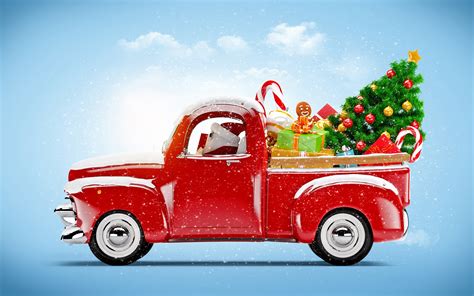Red Pickup Truck With T Boxes And Christmas Tree Illustration New