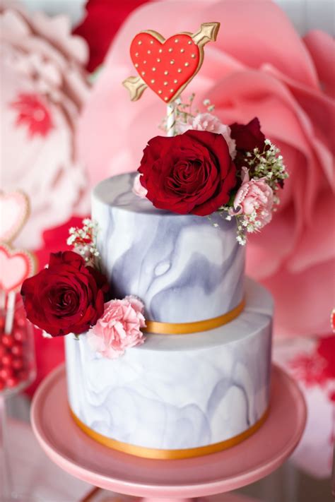 Valentines birthday fondant hearts cake for a valentine's day baby first birthday. Kara's Party Ideas Elegant Valentine's Day Dessert Table | Kara's Party Ideas
