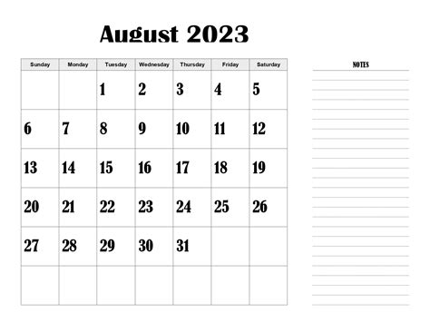 Printable August 2023 Calendar Big Dates 07a