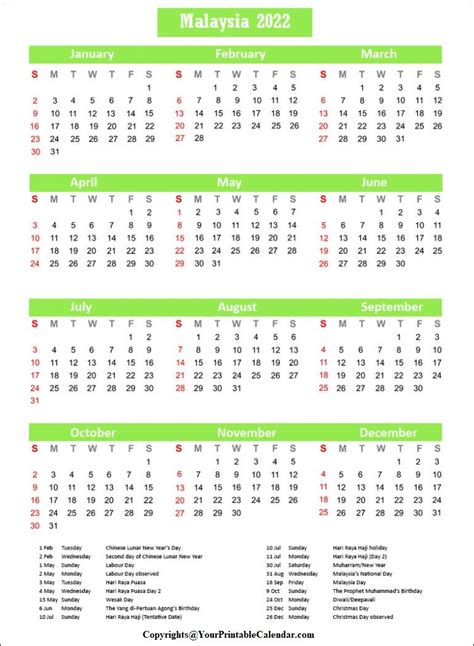 Free Printable Malaysia 2022 Calendar With Holidays Pdf
