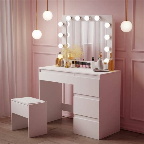 White Hollywood Style Vanity Make Up Table With Led Lights And Stool
