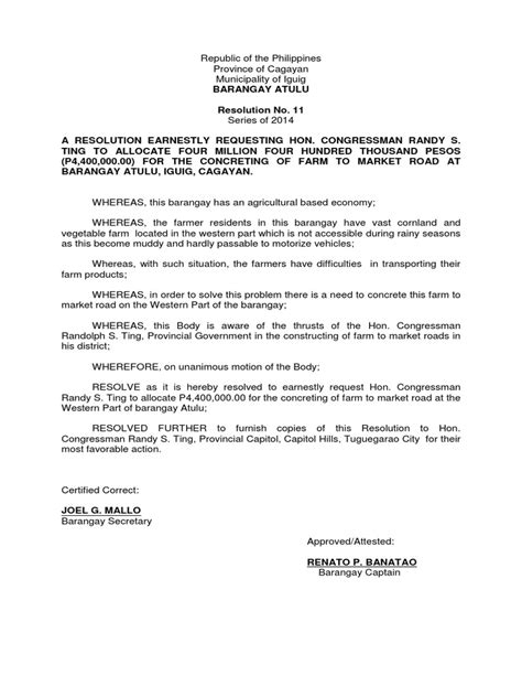 Sample Barangay Resolution For Road Concreting