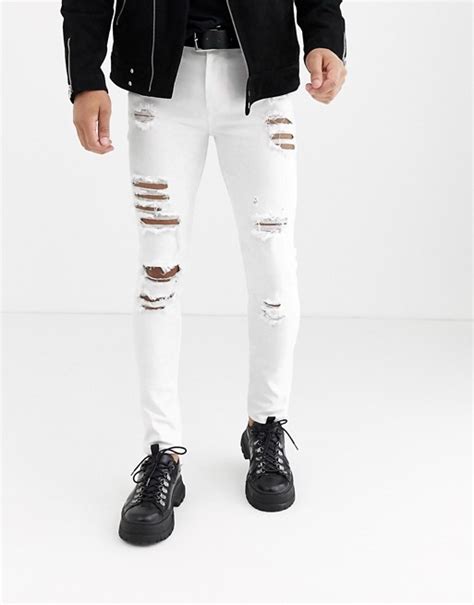 Asos Design Super Skinny Jeans With Heavy Rips In White Asos