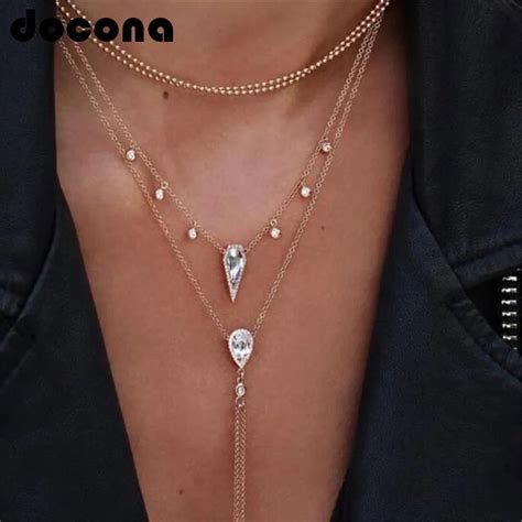 Docona Boho Gold Color Crystal Water Drop Pendant Necklace For Women