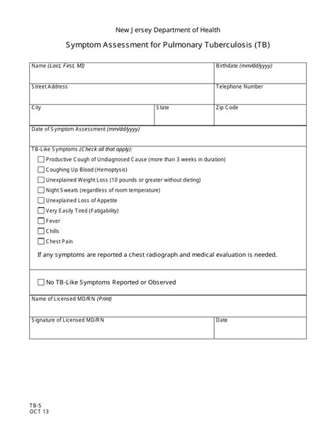 Employment Printable Tb Skin Test Form Template