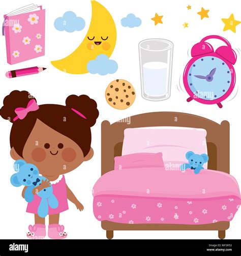 Cute Girl Getting Ready For Bed At Night Vector Illustration Elements Stock Vector Image And Art