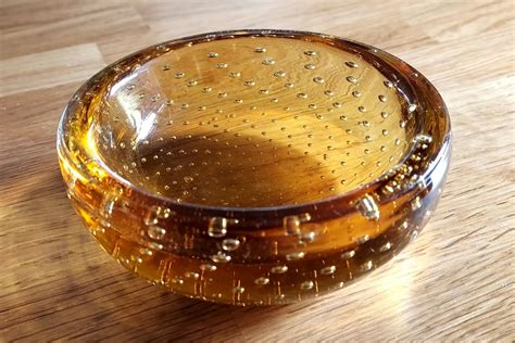 Vintage Retro 1960s Whitefriars Controlled Bubble Amber Art Glass Dish