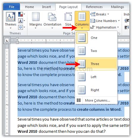 Click selected text from the apply to box. Create Columns in Word 2007 or Word 2010