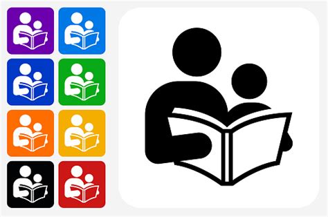 Reading And Children Icon Square Button Set Stock Illustration