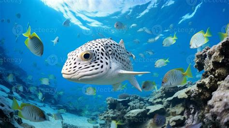 Photo Of Pufferfish With Various Fish Between Healthy Coral Reefs In