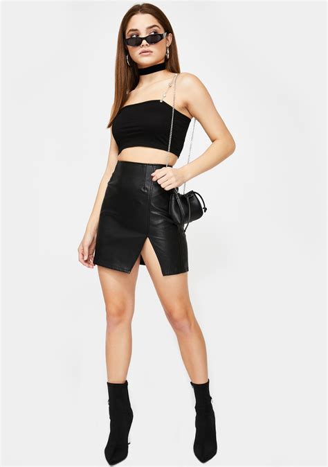 Vegan Leather Mini Skirt Side Slit Black Dolls Kill