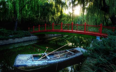 Hd Wallpaper Gray Canoe Boat Bridge River China Wood Vegetation