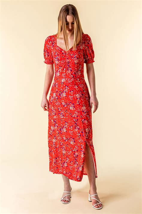 Ditsy Floral Ruched Maxi Dress In Red Roman Originals Uk