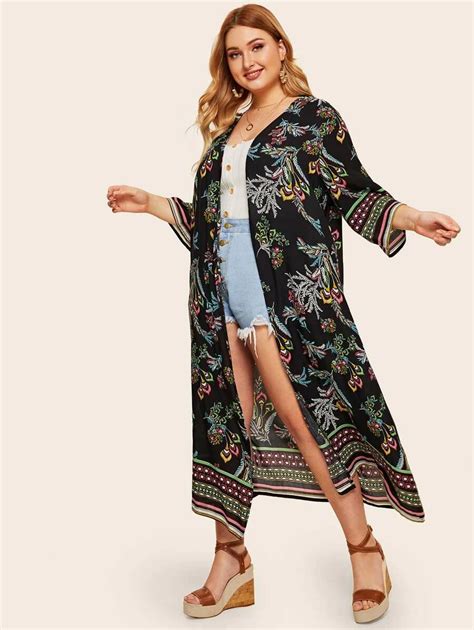 Plus Floral Print Longline Kimono Shein Usa Casablanca Pop Fashion