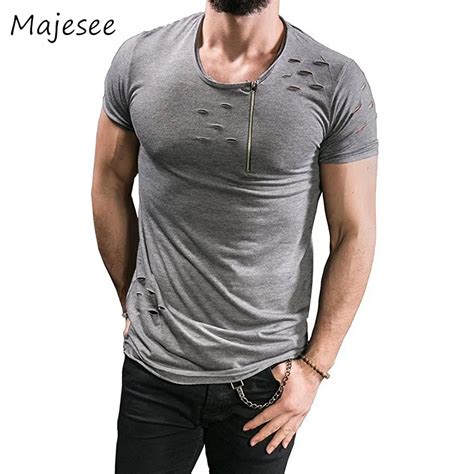 Cotton Men Short Sleeve T Shirt Solid Holes Summer Mens T Shirts Breathable European Style Male