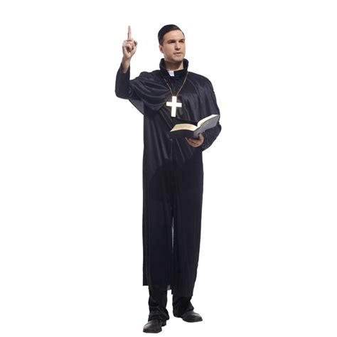 Black Classic Priest Costumes With Cross Necklace Adult Churchman Missionary Rason Father Party