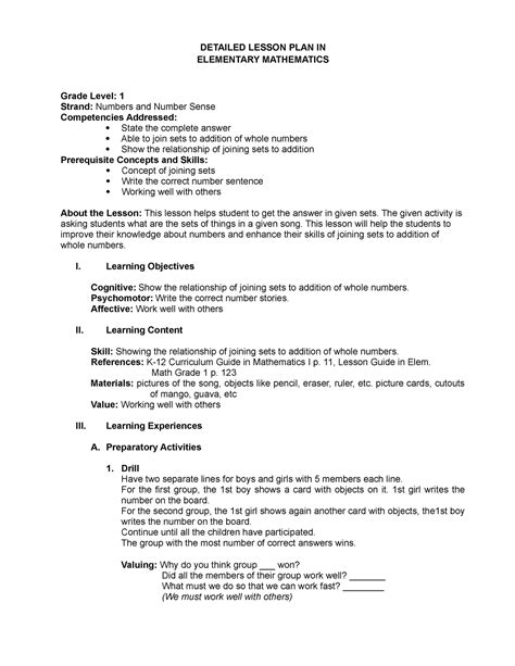Detailed Lesson Plan Mathematic Grade 1 Detailed Lesson Plan In