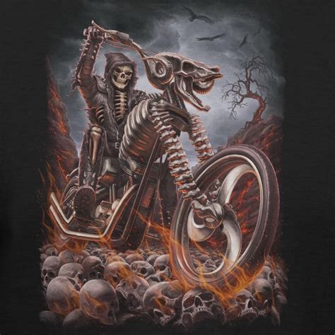 Grim Reaper Riding Flaming Motorcycle Fashion T Shirt Skull Art