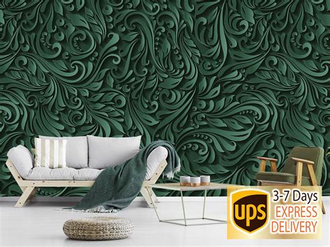 Dark Floral Wallpaper 3d Green Bohemian Wallpaper Luxury Etsy