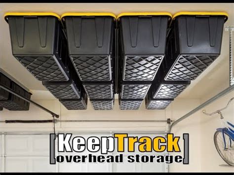 Large bins fit well overhead, and smaller ones fit into cabinets and cupboards. GARAGE ORGANIZING by KEEP SPACE OVERHEAD STORAGE - YouTube