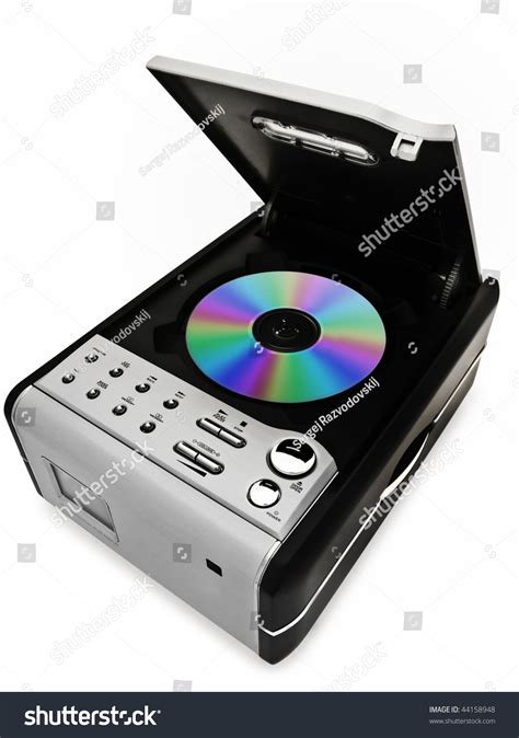 Modern Digital Cd Player With Disc Against The White Background Stock