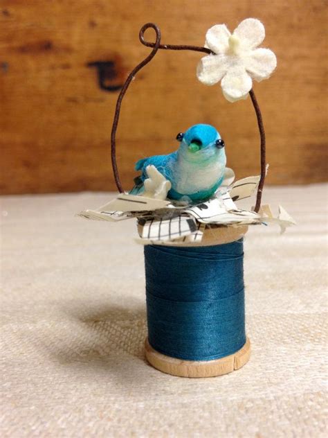 Blue Bird Birdie Ornament Decor Accent On Vintage Spool Of Etsy