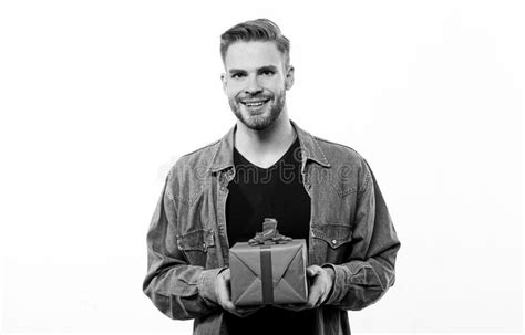 Unshaven Man With Present Box Happy Birthday Man Share Present Romantic Greeting Boxing Day