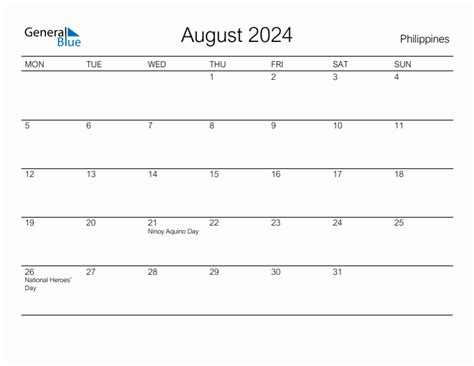 Printable August 2024 Monthly Calendar With Holidays For Philippines