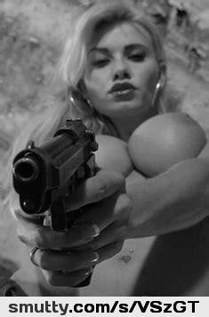 Blonde Gun Weapon Pistol BlackAndWhite Eyecontact Nipples Boobs