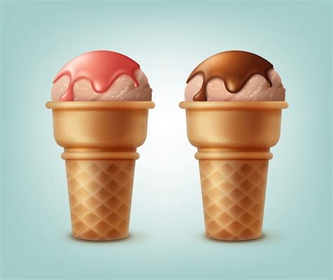 Free Vector Set Of Ice Creams In Waffle Cones Sprinkled With Syrup Isolated