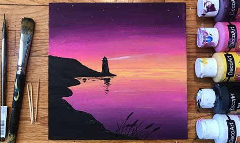 Simple Acrylic Painting Lighthouse At Sunset Small Online Class For