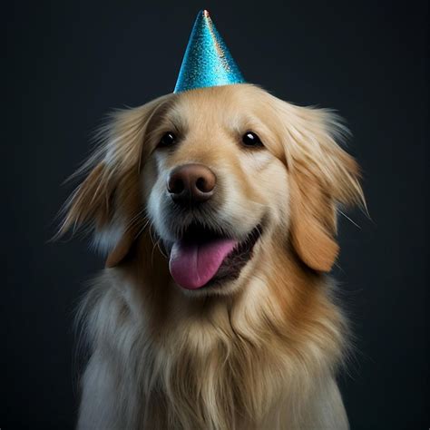 Premium Ai Image Close Up Of Dog Wearing Party Hat With Blue On It