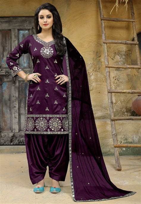 Embroidered Art Silk Punjabi Suit In Violet Punjabi Dress Patiala Suit Dress Materials