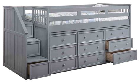 Marlena Grey Full Size Storage Low Loft Bed With Stairs Transitional
