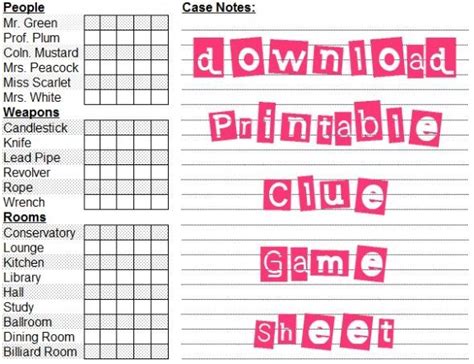 (you can print out the name tags onto on adhesive label paper or print out on regular paper and include a pin with the name tags so that the guests can secure them to their outfits.) 6 Images of Free Printable Game Sheets | Clue games, Clue ...