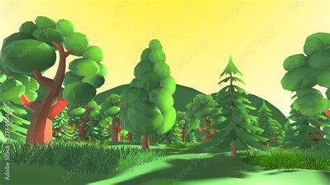 Scenic Low Poly Outdoor In Green Nature Forest Landscape 3d Render