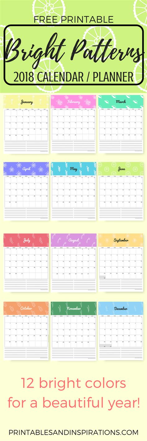 Free 2018 Colorful Calendar In Bright Patterns And More Printables
