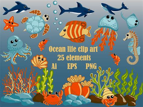 Ocean Life Clip Art Marine Inhabitants Sea Animals Clip Art Etsy
