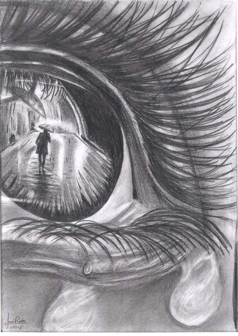 A Pencil Drawing Of An Eye With The Reflection Of A Person In It