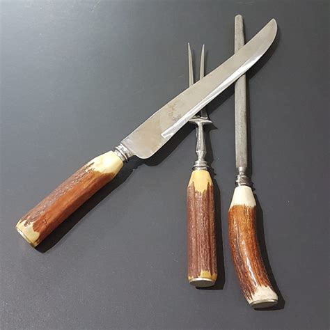 Vintage Genuine Antler Handle 3pc Meat Carving Set Cox Co Ltd