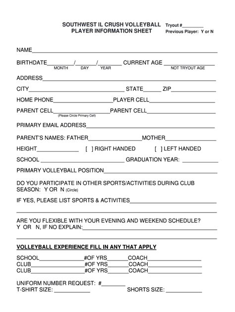 Southwest Il Crush Volleyball Player Information Sheet Fill And Sign